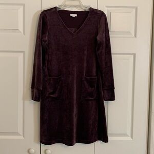 Pure Jill Women’s Burgundy Velvet Knee Length Dress XS Petite Comfy Pockets. M1